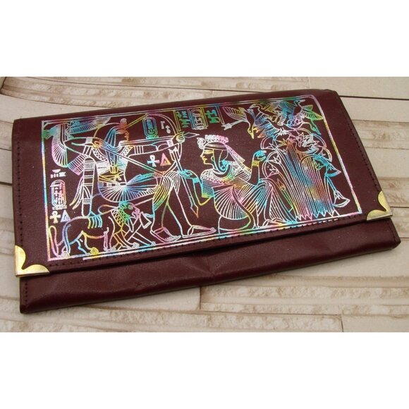 Egyptian Pharoah Embossed Iridescent Bi-Fold Wallet Made in Egypt Vegan Leather - Picture 1 of 13